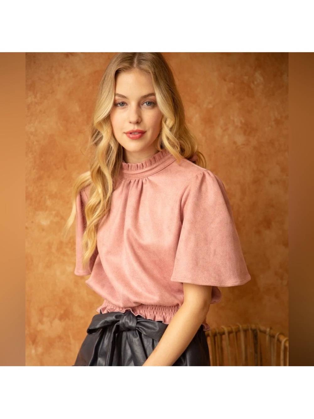 Women's Pink Mock-Neck Flutter Sleeve Top
